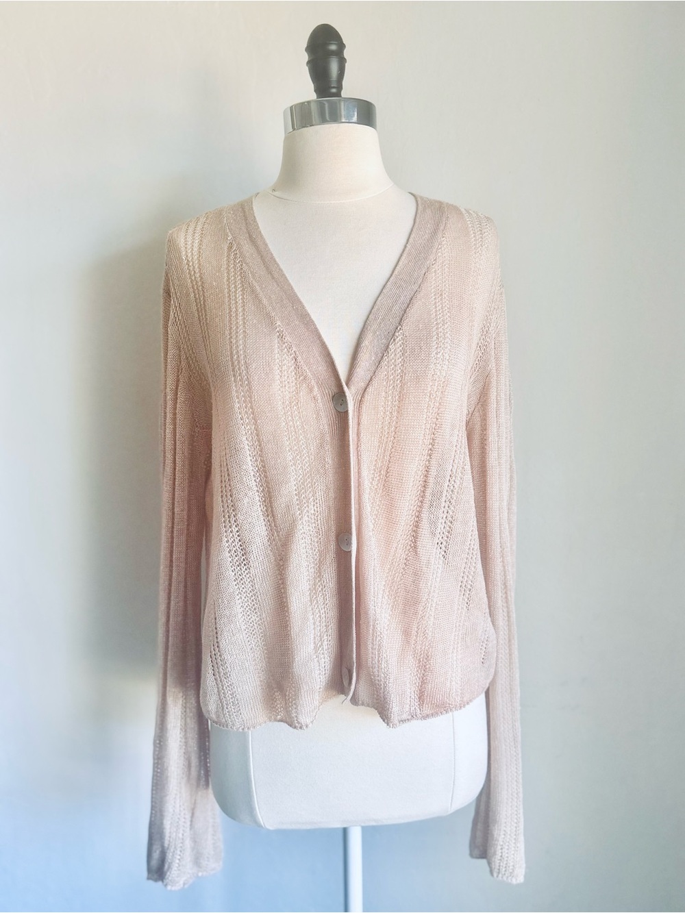 Bella Dahl Beige Open-Knit V-Neck Cardigan Sweater, Linen Blend, Medium